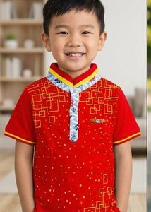 Vibrant Red Boys Polo Shirt with Geometric Print