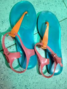 Blue Jelly Flip Flops with Pink &amp; Orange  Straps
