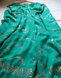 Elegant Green Embroidered Saree with readymade blo