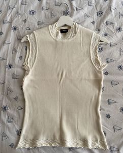 Cream Ribbed Sweater with Lace Neckline
