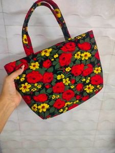 Cute Floral Red Basket Like Handbag (Handmade)