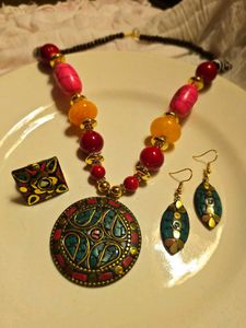 Laq Boho Beaded Necklace, earrings and ring Set