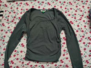 Chic Grey Square neck Long Sleeve Ruched Top