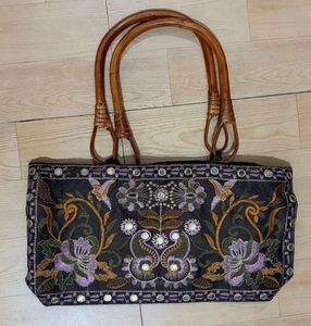 Embroidered Shoulder Bag with Bamboo Handles