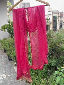 Vibrant Pink Dupatta with Golden Border