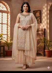 bust 40 Elegant Beige Net Embroidered Suit