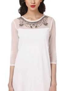 Sheer Sleeve Embellished Neck Dress