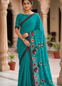 Elegant Teal Saree with Floral Embroidery