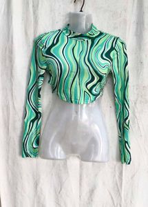 Groovy Swirl Print Mock Neck Crop Top