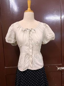Cream Puff Sleeve Tie Neck Blouse