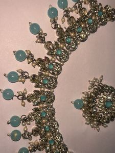 Stunning Teal Blue &amp; Silver Necklace Set with Earr