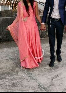 Peach Silk Heavy Embroidery Work Gown