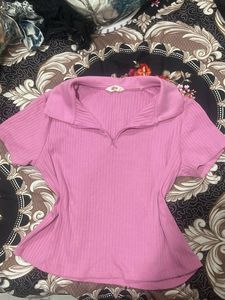 Pink Ribbed Zip Polo Top