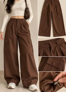 Trendy Brown Wide-Leg Cargo Pants