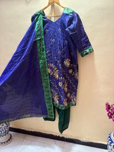 Royal Blue Pakistani Dress with Green Accents