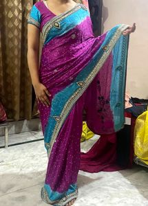 Elegant Pink &amp; Blue Embellished y2k Saree