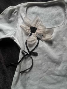 White Ribbed Floral Bow Top | Coquette Aesthetic