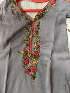 Embellished Grey Suit set with banarasi Dupatta