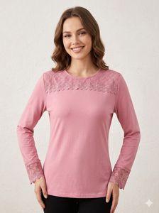 Elegant Pink Lace Trim Long Sleeve Blouse