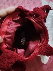 151.Crocheted Maroon Bag with White Bow