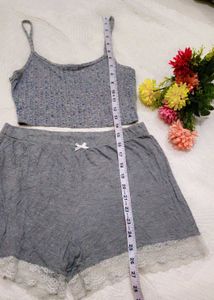 Cozy Grey Ribbed Cami &amp; Lace Trim Shorts Set