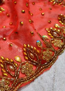 Elegant Orange stone Saree with stitched blo