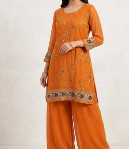 Embroidered Orange Kurta with Palazzo Pants