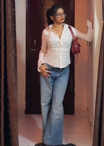 Fitted White Ruched Button-Up Shirt
