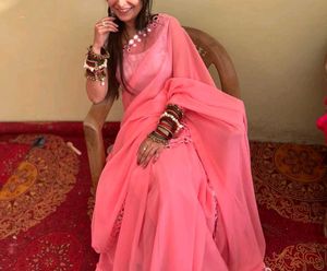 Elegant Pink Saree with Mirror Work Border
