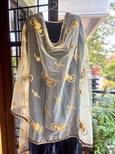 Elegant Black Gown with Gold Dupatta