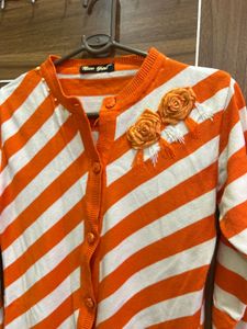 Striped Orange Cardigan with Roses