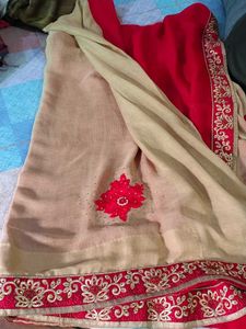 Elegant Beige &amp; Red Embroidered Saree
