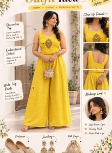 Yellow Embroidered Crop Top & Palazzo Pants Set