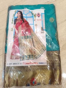 New/Unused Blue Saree with Gold Border