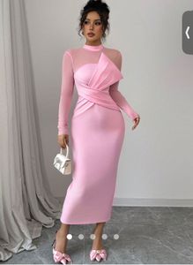 Elegant Pink Bodycon Dress with Mesh Neckline