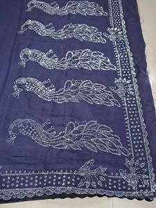 Elegant Dark Blue Saree with Silver Embellishments