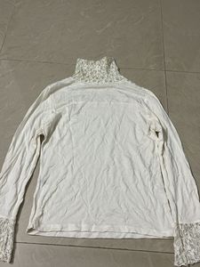 White Lace Trim Turtleneck Top