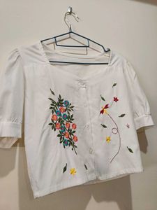 Embroidered White Cropped Top