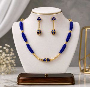 Elegant Blue Beaded Necklace &amp; Earring Set | Gold