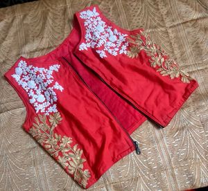 Red Embroidered Zipper Crop Top