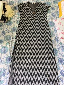 Black &amp; Silver Zig-Zag Qipao Maxi Dress