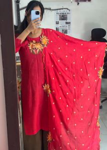 Vibrant Red Kurta with Floral Embroidery