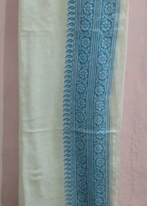 Elegant White cotton Dupatta with Blue Border