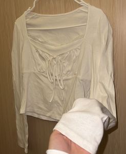 White Long Sleeve Lace Trim Tie-Front Top