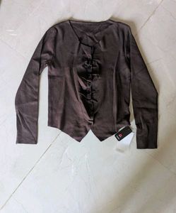 Brown Ruched Button-Up Top