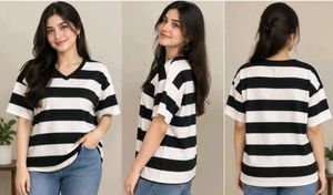 Chic Striped V-Neck T-Shirt xxl