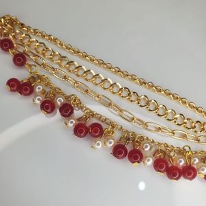 Gold Chain Bracelet with Red and Pearl Charms