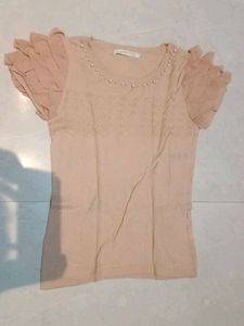 Beige Beaded Short Sleeve Top