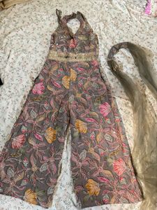 Embroidered Grey Helter Neck Jumpsuit with Dupatta