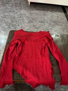 Chic Red Off-Shoulder Top with Rose Detail